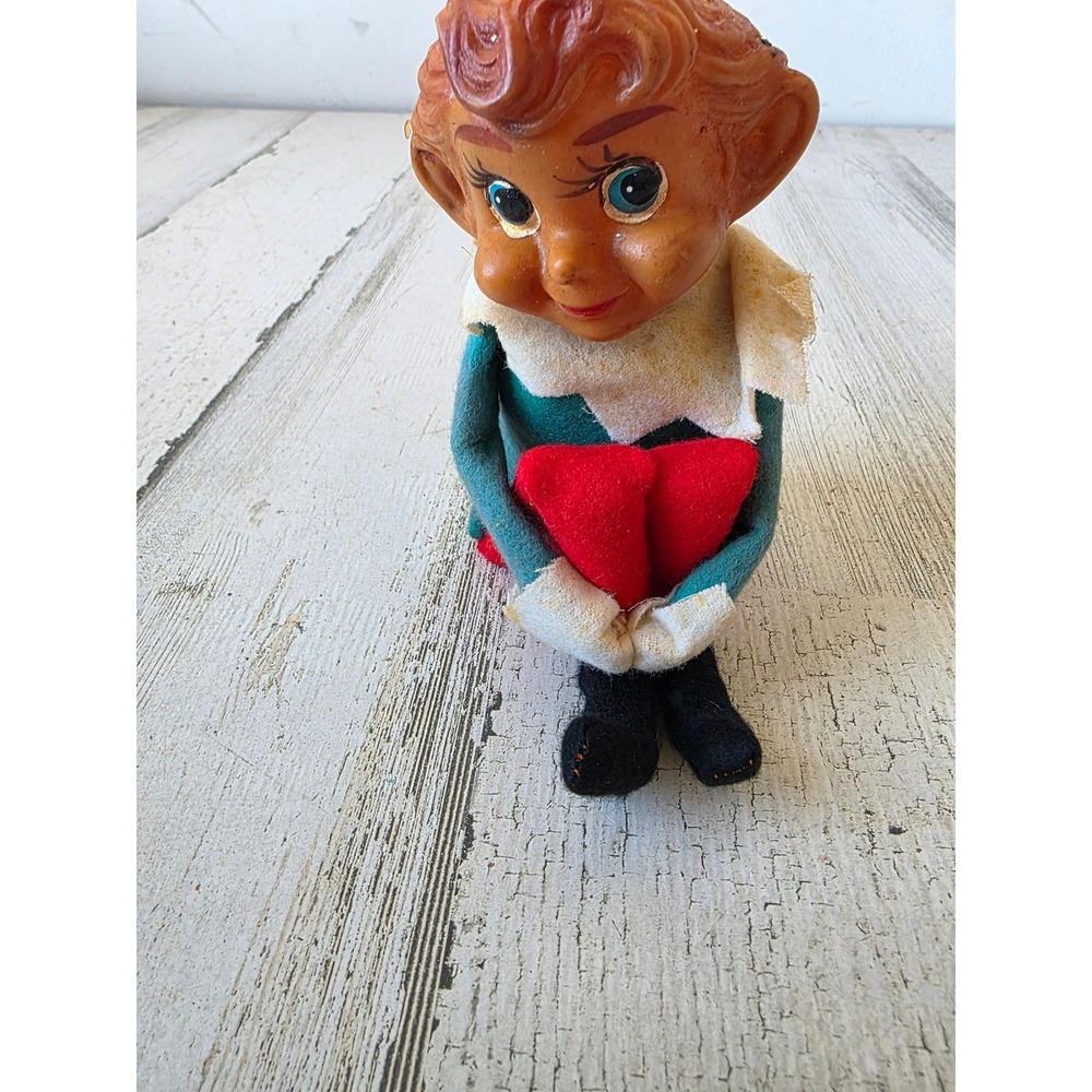Vintage elf knee hugger felt plush rubber face figurine Xmas decor